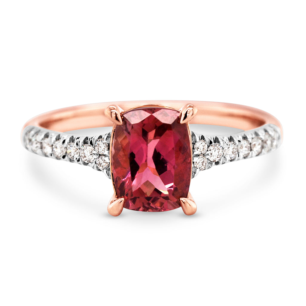 18ct Rose Gold Cushion Cut Pink Tourmaline & Diamond Ring TD