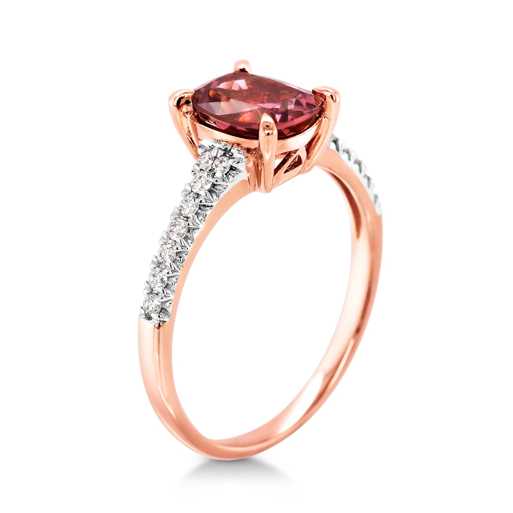 18ct Rose Gold Cushion Cut Pink Tourmaline & Diamond Ring TD