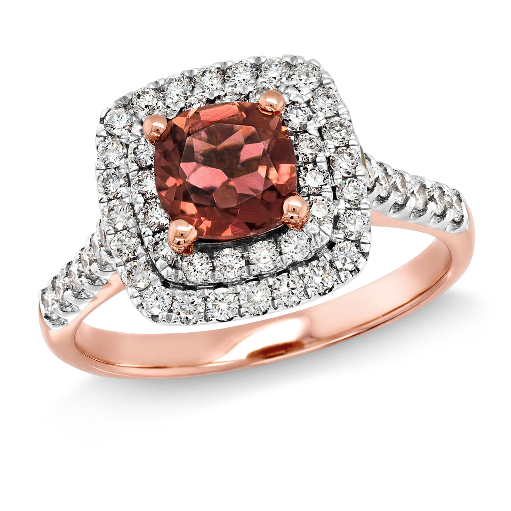 18ct Rose Gold Cushion Cut Tourmaline & Diamond Halo Ring TD