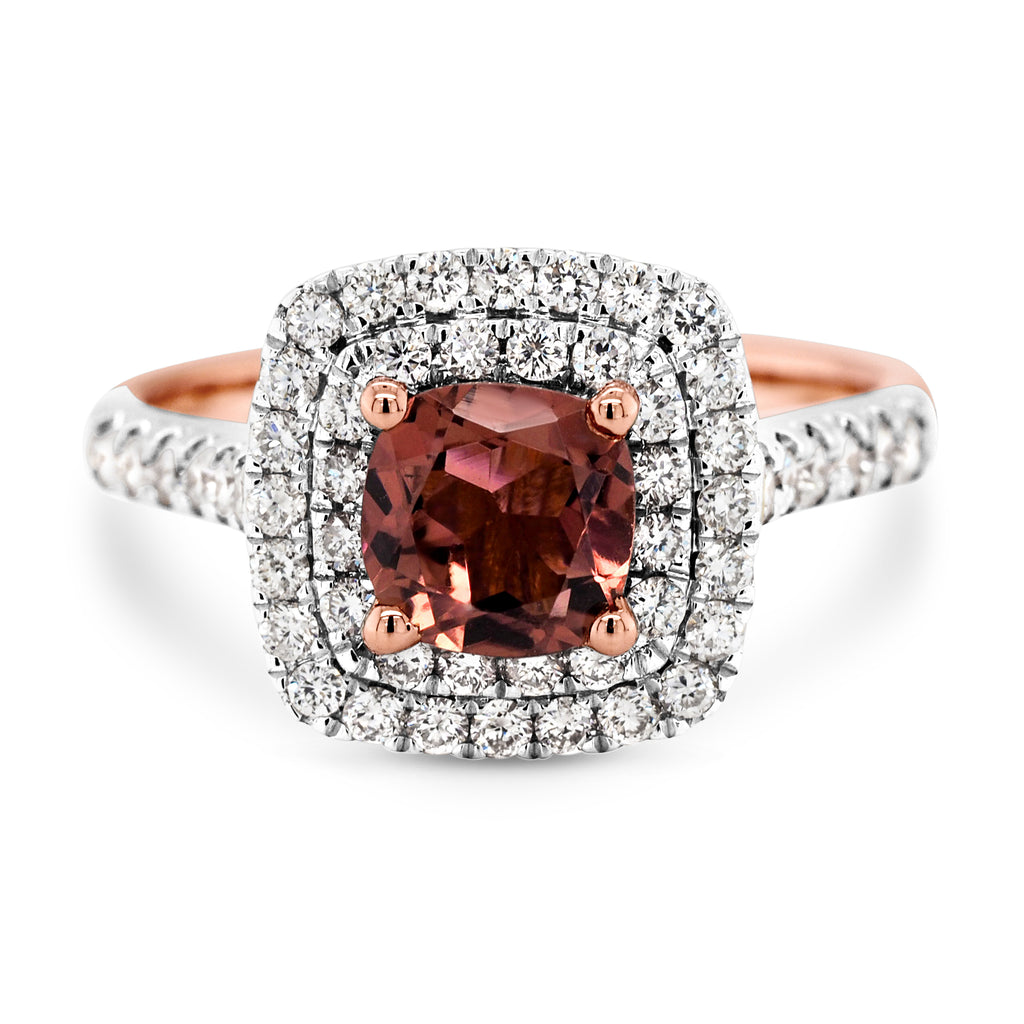 18ct Rose Gold Cushion Cut Tourmaline & Diamond Halo Ring TD