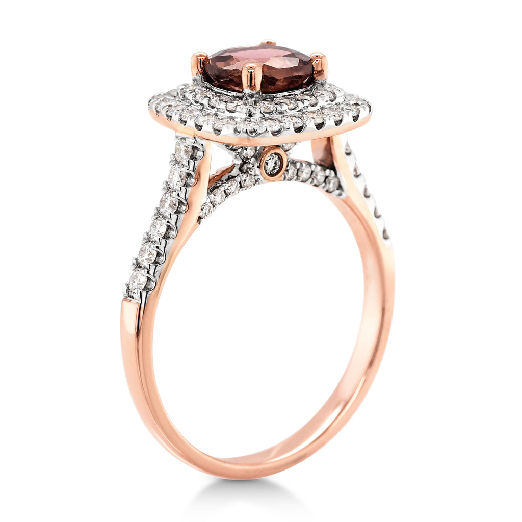 18ct Rose Gold Cushion Cut Tourmaline & Diamond Halo Ring TD