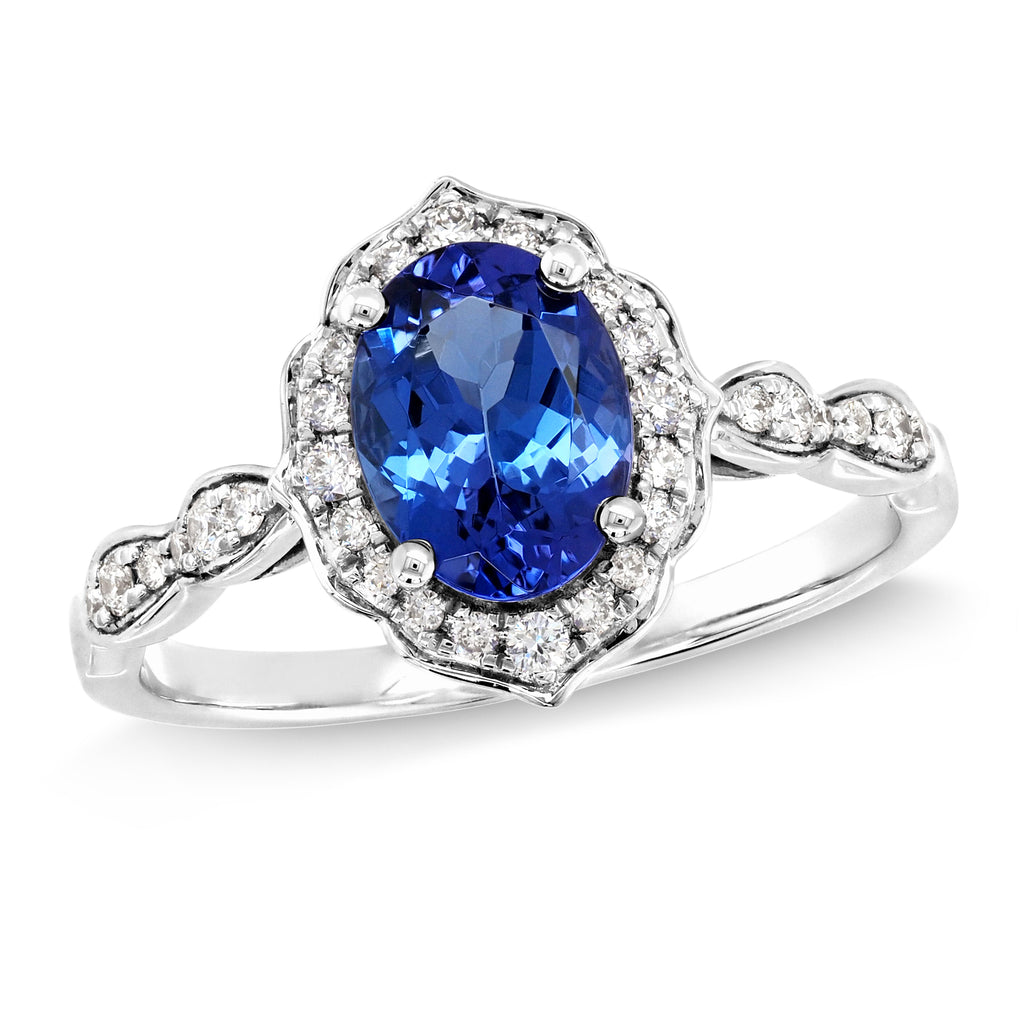 18ct White Gold Tanzanite & Diamond Scalloped Halo Ring TDW