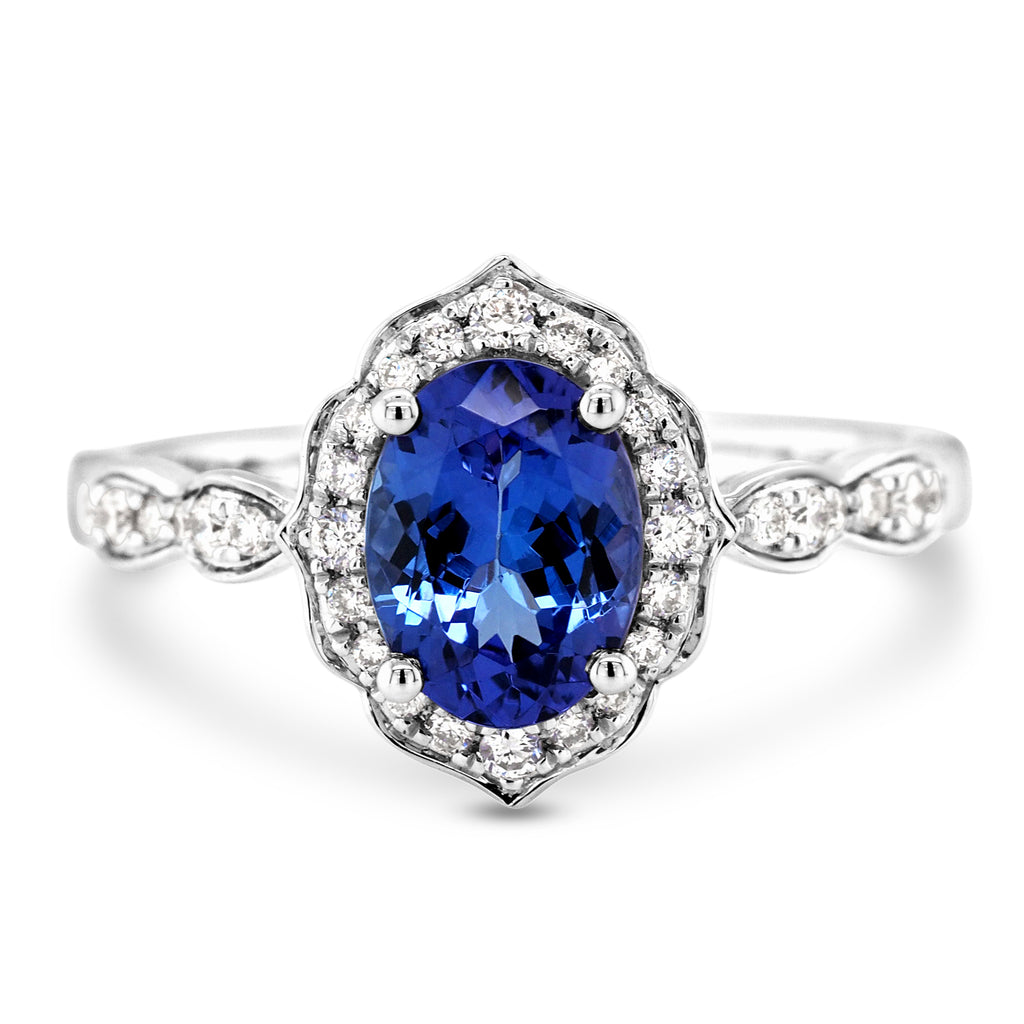 18ct White Gold Tanzanite & Diamond Scalloped Halo Ring TDW