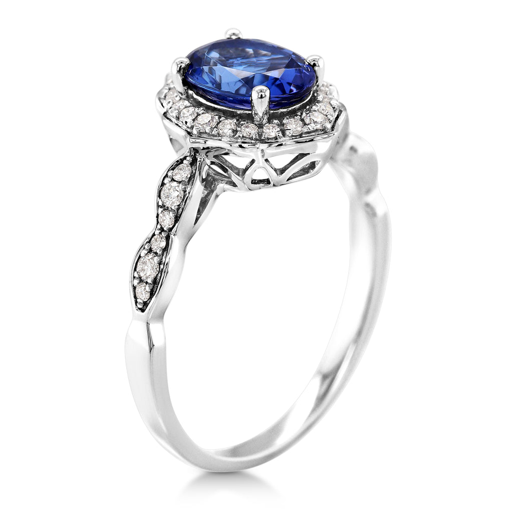 18ct White Gold Tanzanite & Diamond Scalloped Halo Ring TDW