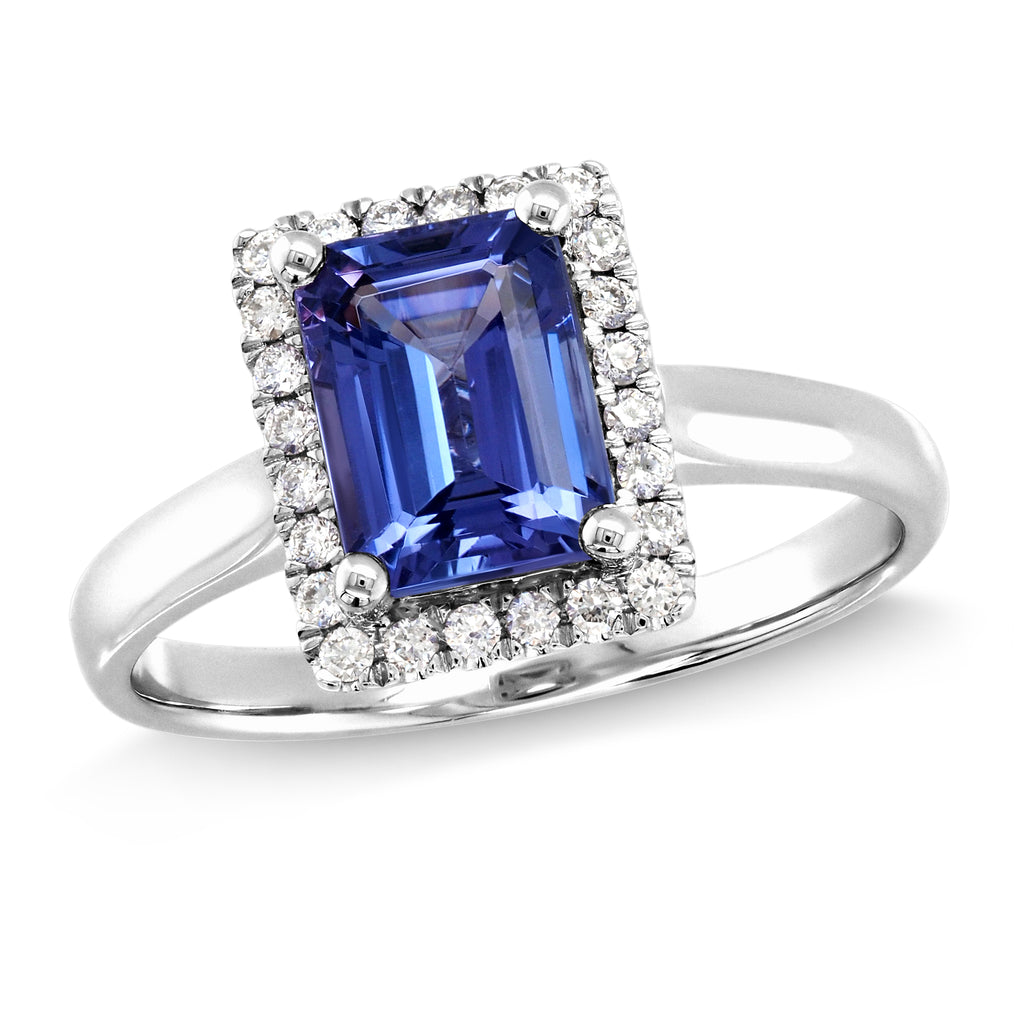 18ct White Gold Emerald Cut Tanzanite & Diamond Halo Ring TD