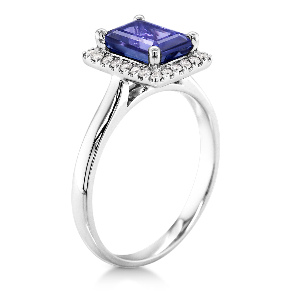 18ct White Gold Emerald Cut Tanzanite & Diamond Halo Ring TD