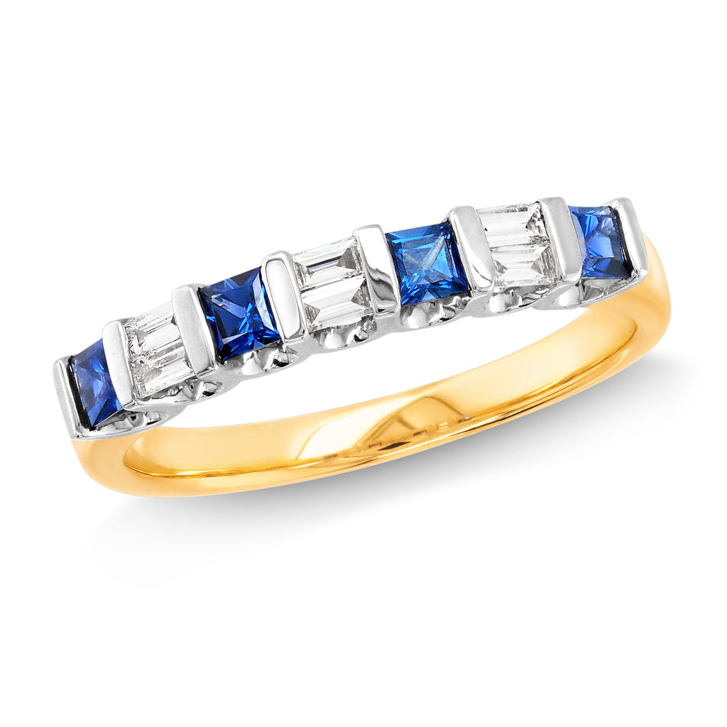 18ct Yellow Gold Princess Cut Sapphire & Emerald Cut Diamond