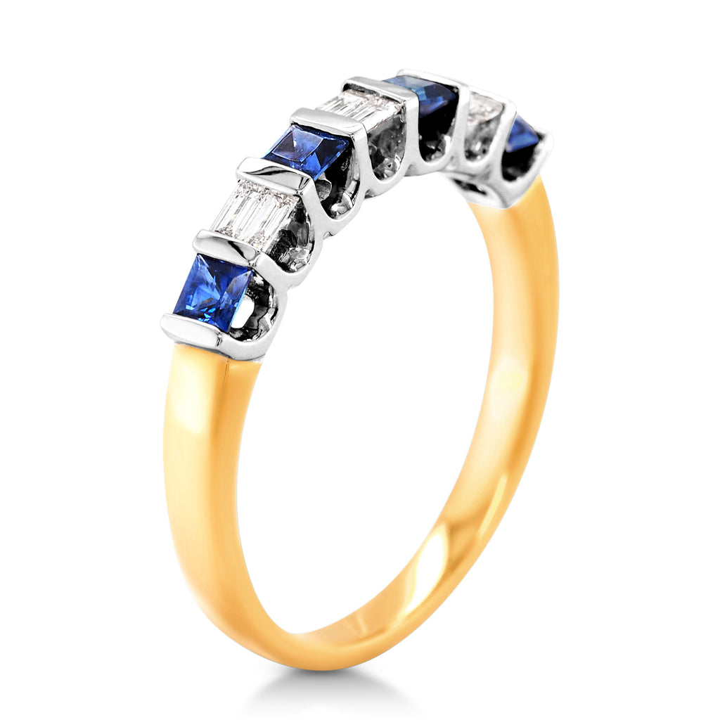 18ct Yellow Gold Princess Cut Sapphire & Emerald Cut Diamond