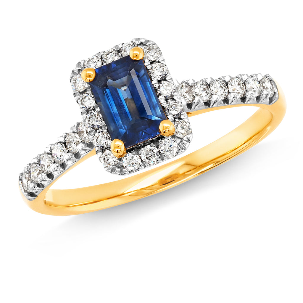 18ct Yellow Gold Emerald Cut Sapphire & Diamond Halo Ring TD