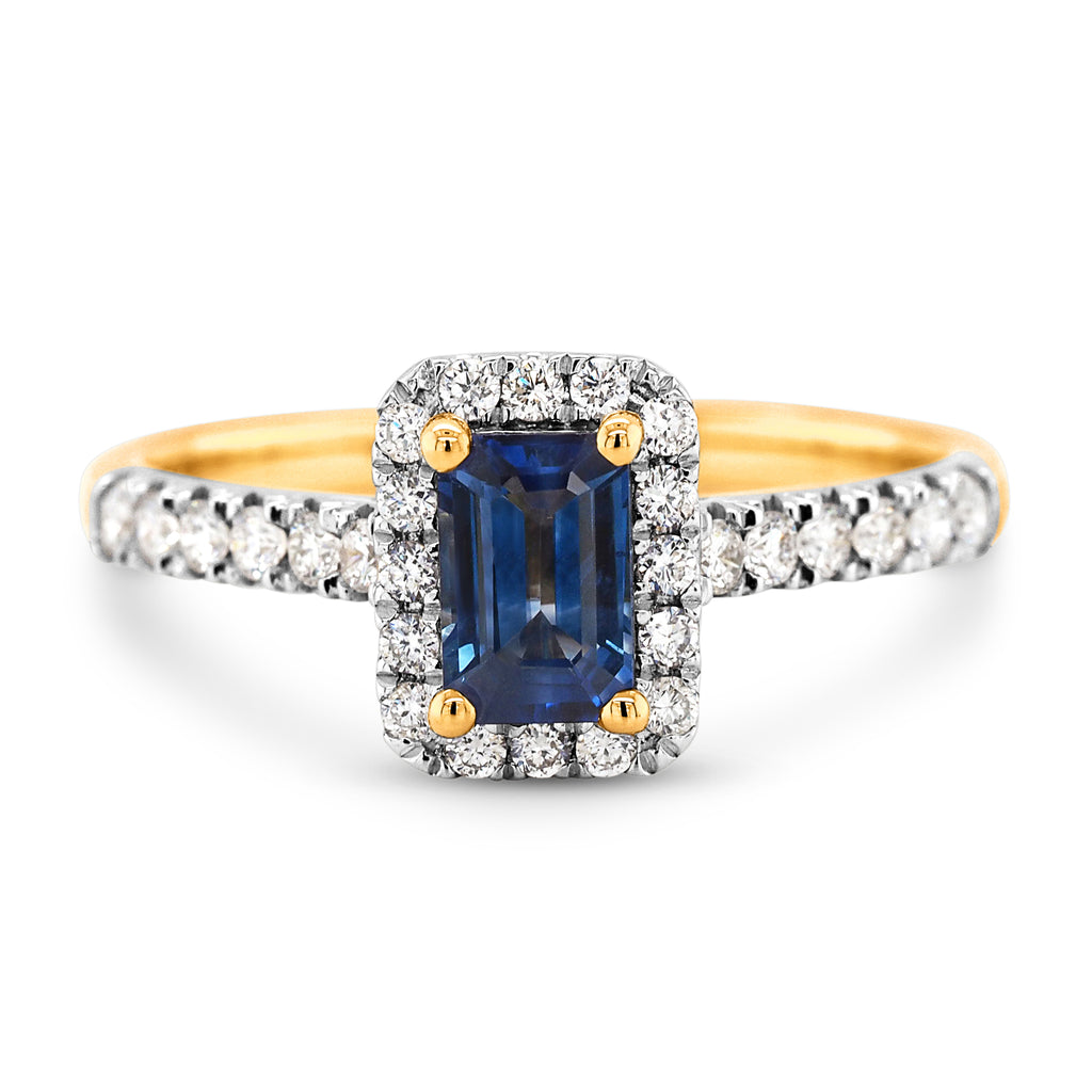 18ct Yellow Gold Emerald Cut Sapphire & Diamond Halo Ring TD