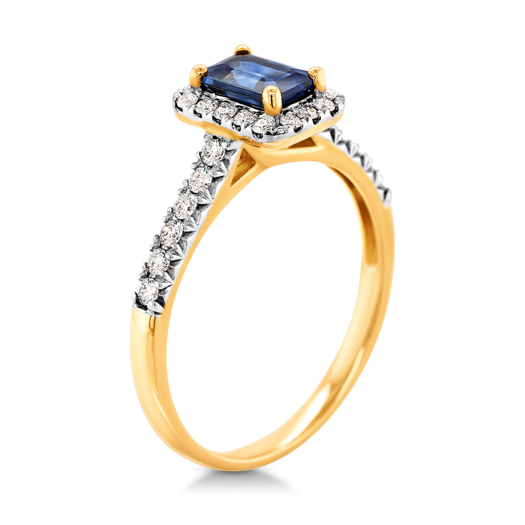 18ct Yellow Gold Emerald Cut Sapphire & Diamond Halo Ring TD