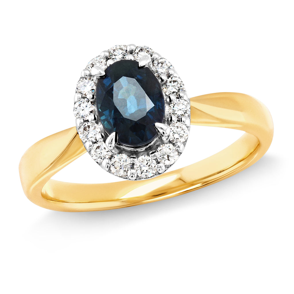 18ct Yellow Gold Oval Natural Sapphire & Diamond Halo Ring T