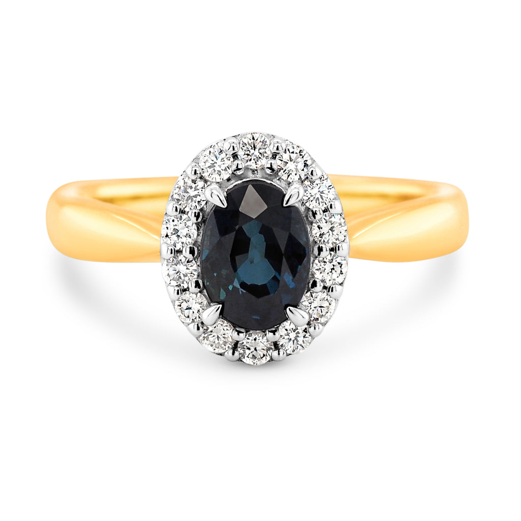 18ct Yellow Gold Oval Natural Sapphire & Diamond Halo Ring T