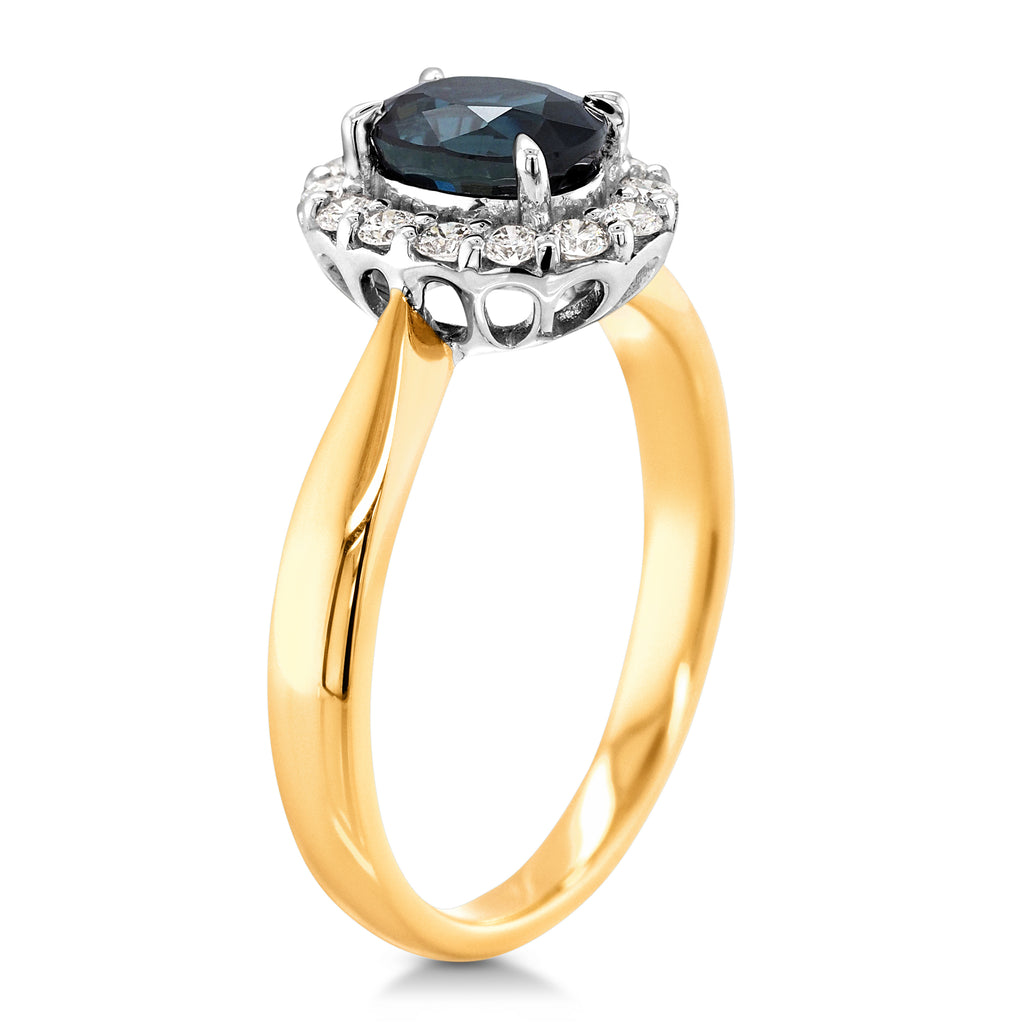 18ct Yellow Gold Oval Natural Sapphire & Diamond Halo Ring T