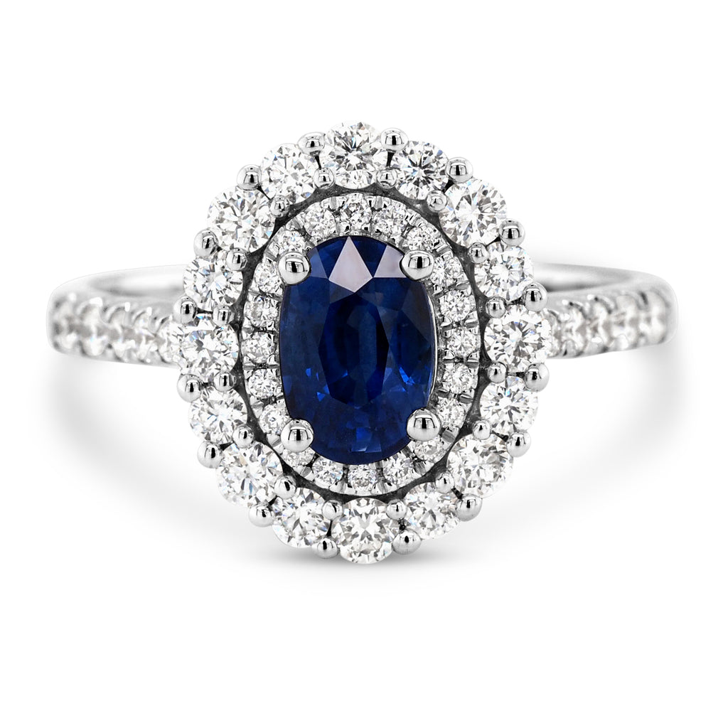 18ct White Gold Oval Natural Sapphire & Diamond Halo Ring TD