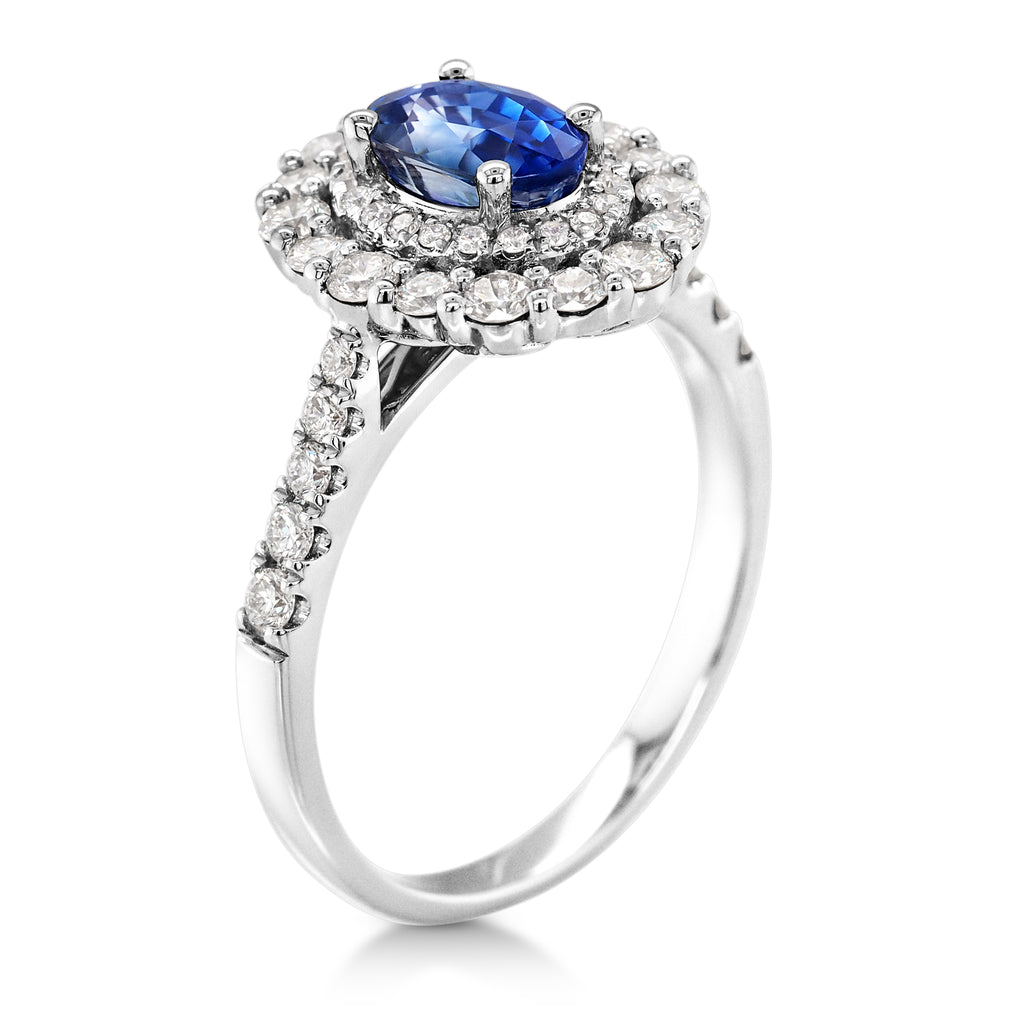 18ct White Gold Oval Natural Sapphire & Diamond Halo Ring TD