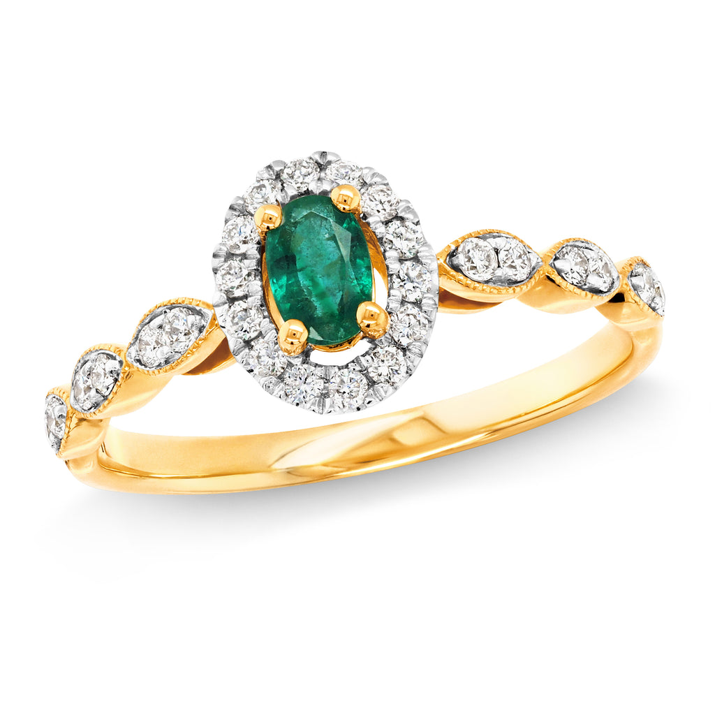 18ct Yellow Gold 5x3mm Oval Emerald & Diamond Halo Ring TDW