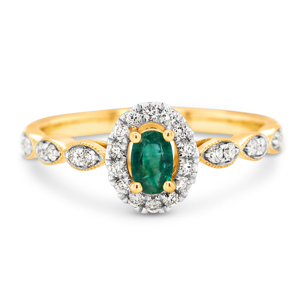 18ct Yellow Gold 5x3mm Oval Emerald & Diamond Halo Ring TDW