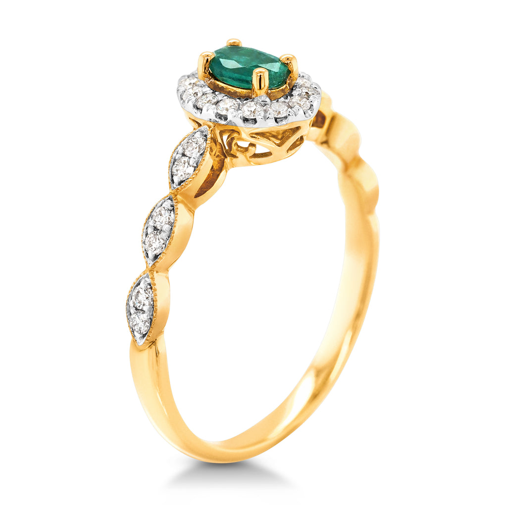 18ct Yellow Gold 5x3mm Oval Emerald & Diamond Halo Ring TDW