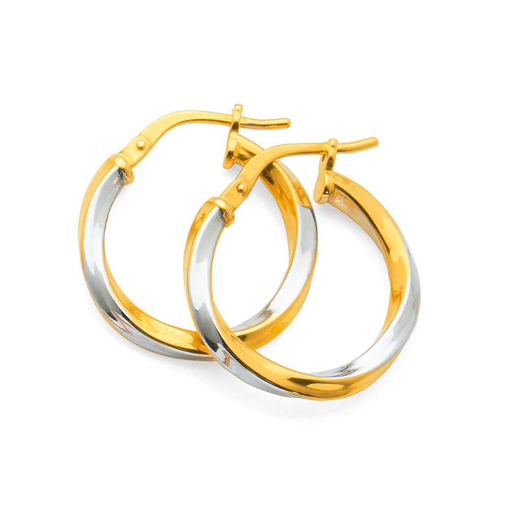 9ct 2-Tone Gold Bonded 15mm Twist Hoop Earrings