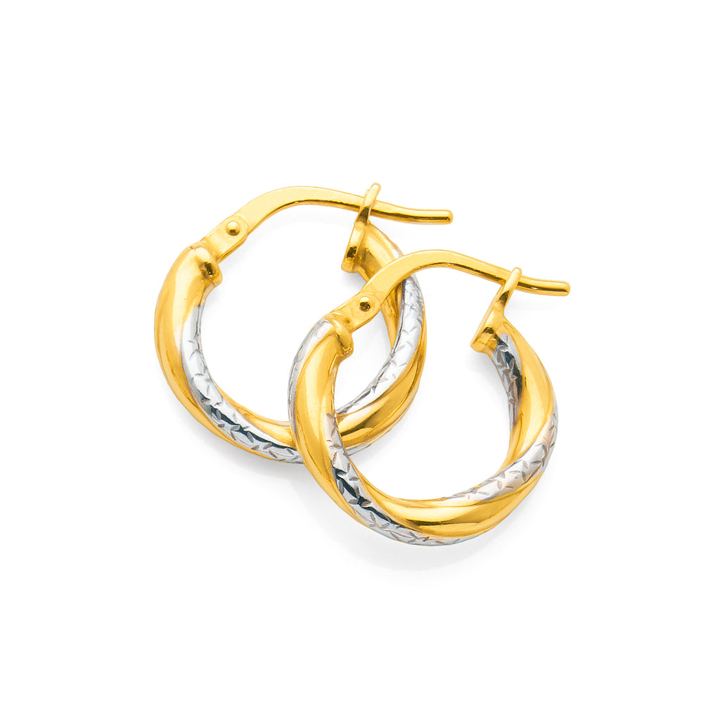 9ct 2-Tone Gold Bonded 10mm Twist Hoop Earrings