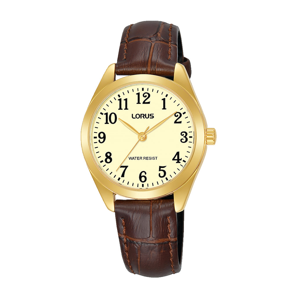 Lorus Gold Tone Brown Leather Analogue Watch RG242TX-5