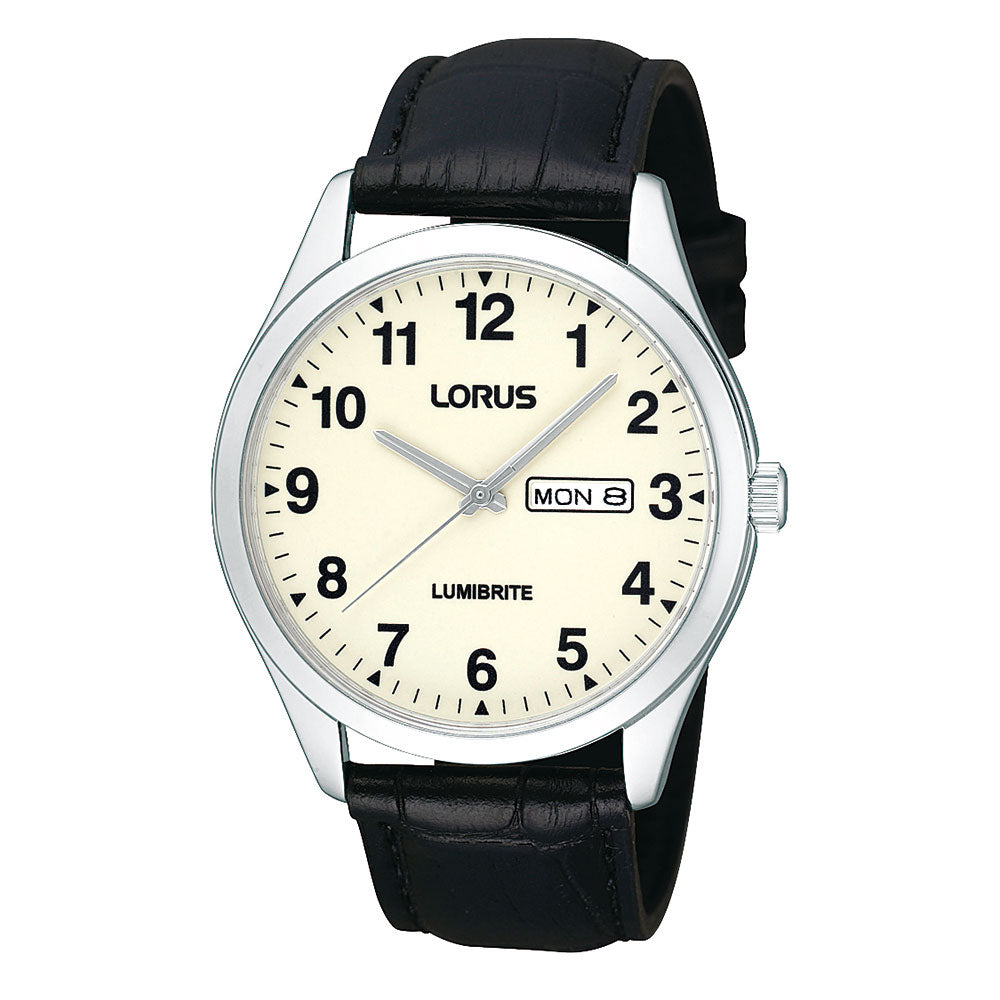 Lorus Lumbrite Cream Dial Black Leather Strap Watch RJ647AX-