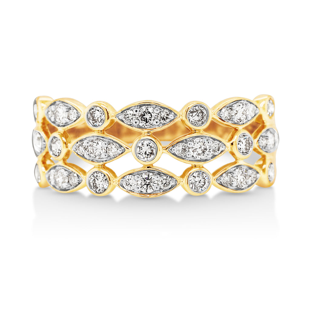 9ct Yellow Gold Diamond Round & Marquise Shaped Triple Row R