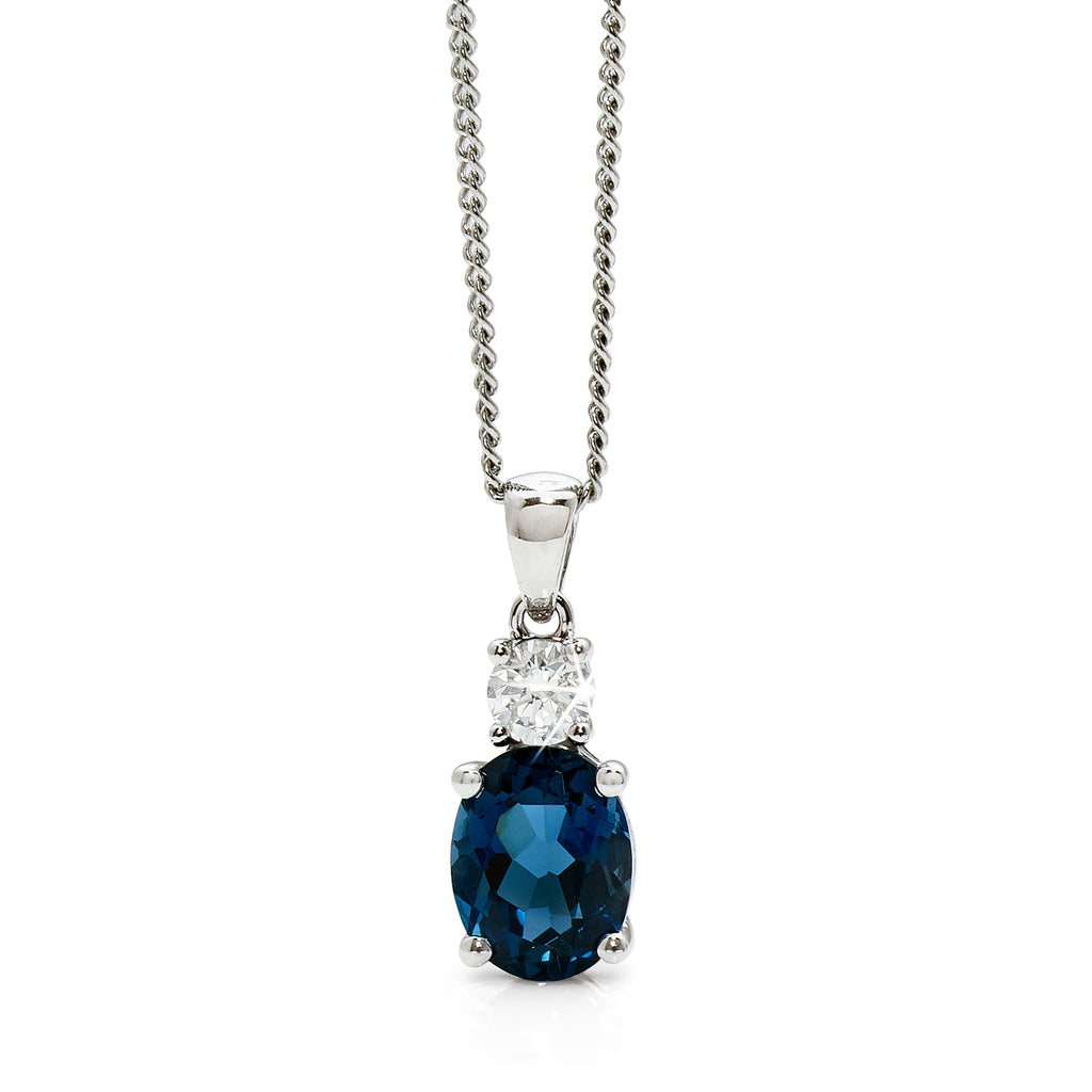 9ct White Gold London Blue Topaz & Lab Grown Diamond Pendant