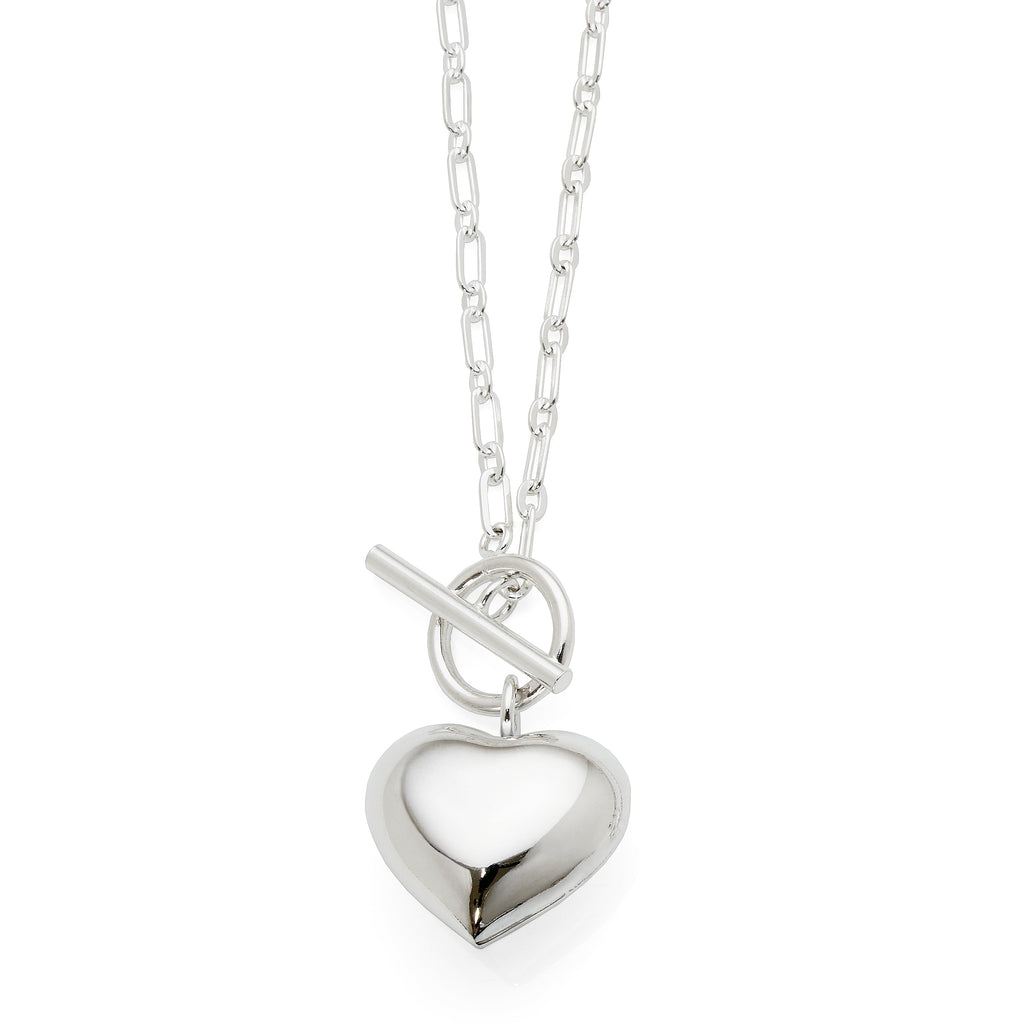 Sterling Silver Paperclip Chain Puff Heart Pendant With Fob