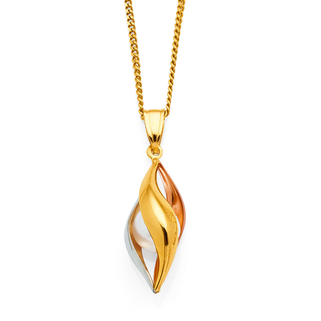 9ct Gold Bonded 3-Tone Pearl Marquise Caged Pendant