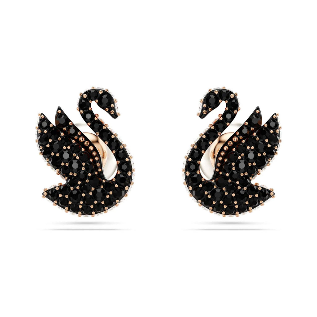 Swarovski Swan Black Crystal Rose Tone Stud Earrings 5684608