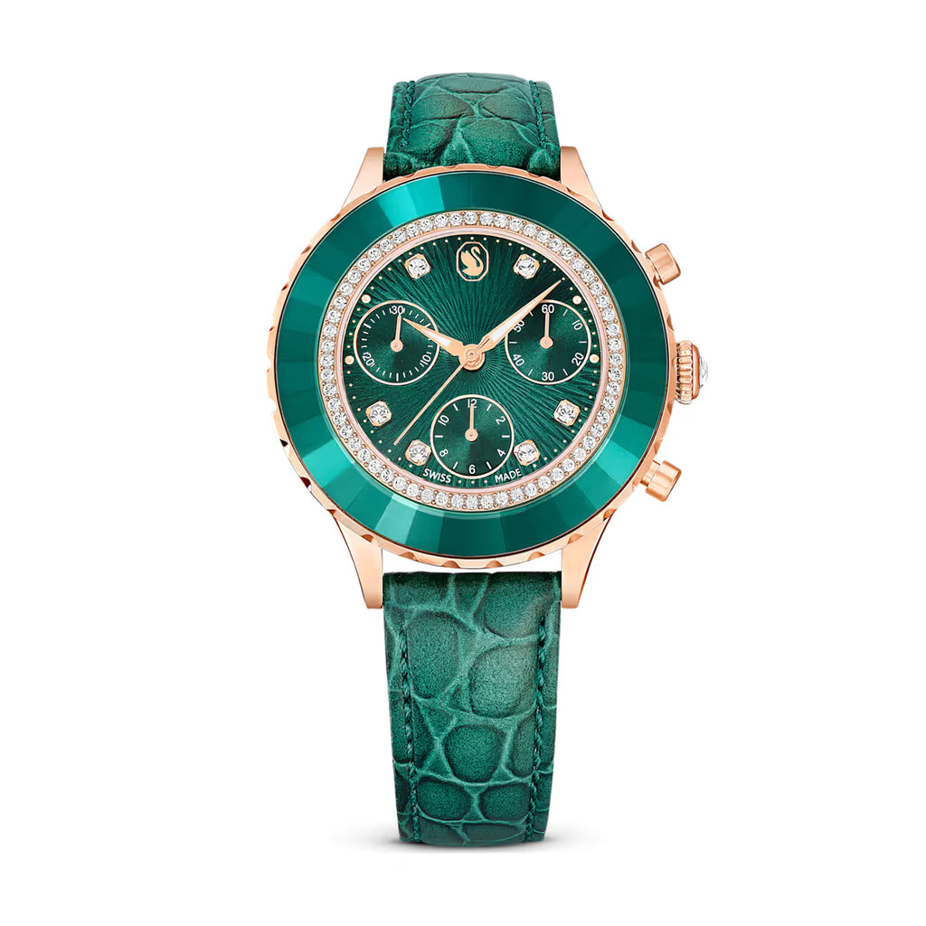 Swarovski 'Octea' Rose-Tone & Green Leather Chronograph Watc