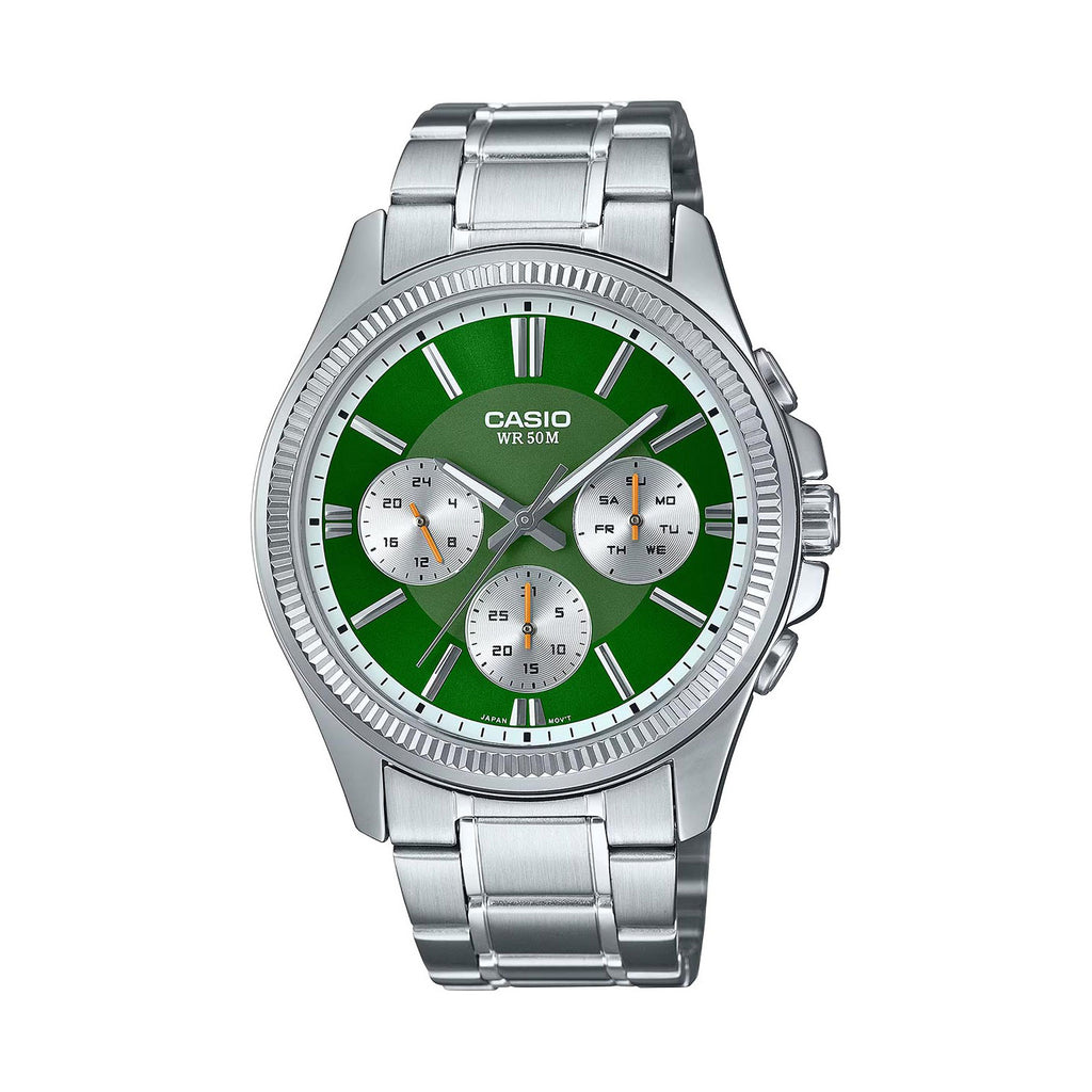 Casio Multi-Function Stainless Steel Green Dial Watch MTP137