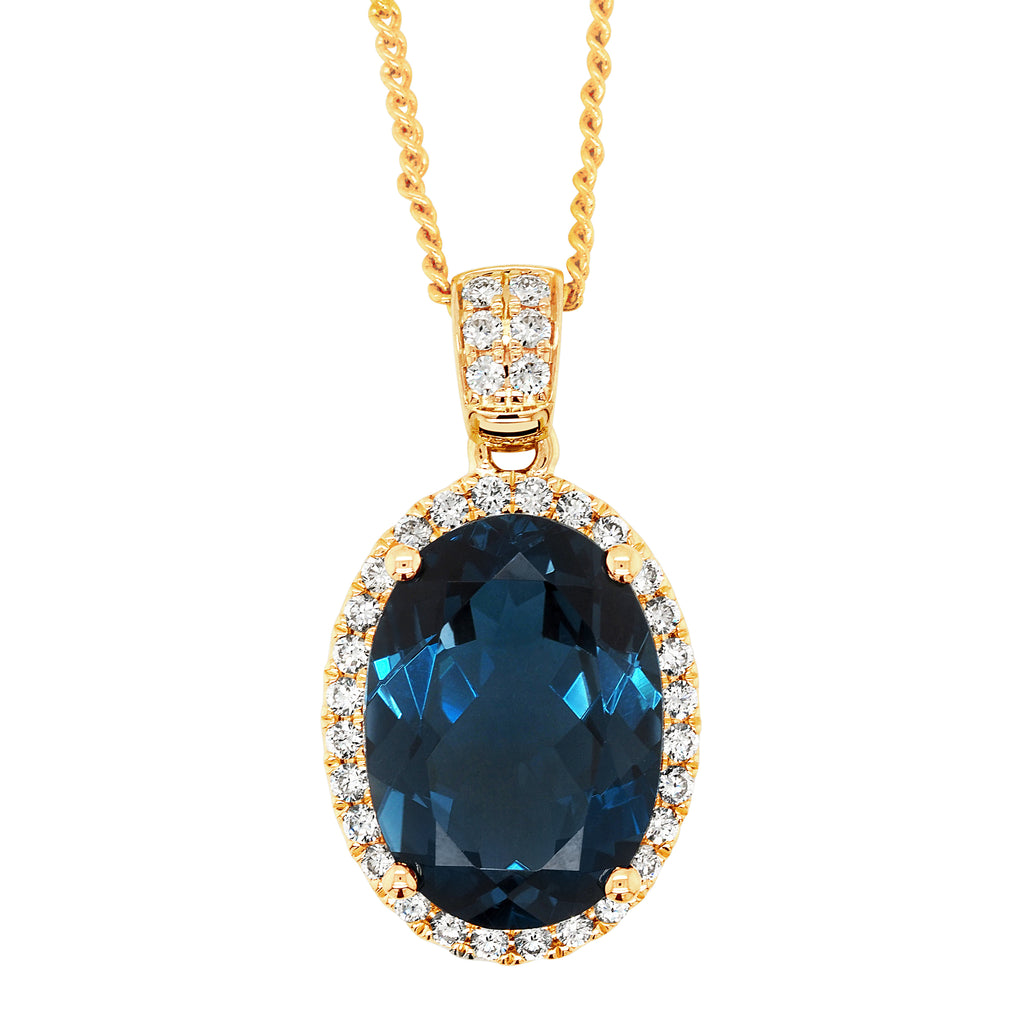 9ct Gold London Blue Topaz & Lab Grown Diamond Pendant TDW 0