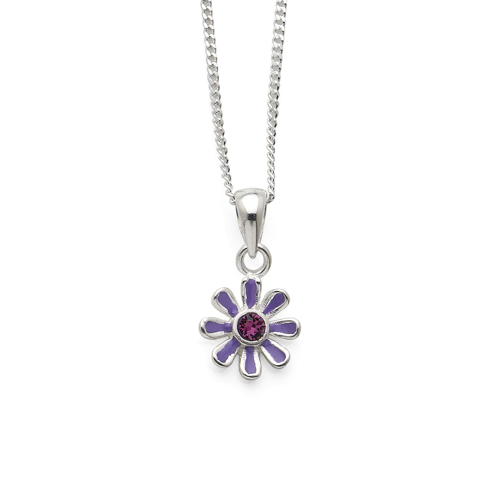 Sterling Silver Purple Crystal & Enamel Flower Pendant On Cu