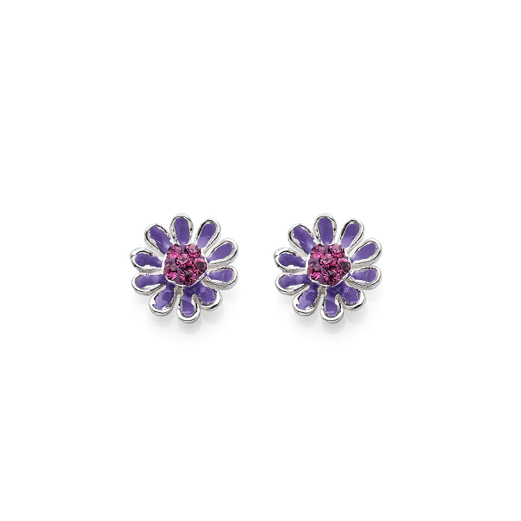 Sterling Silver Purple Crystal & Enamel Flower Stud Earrings