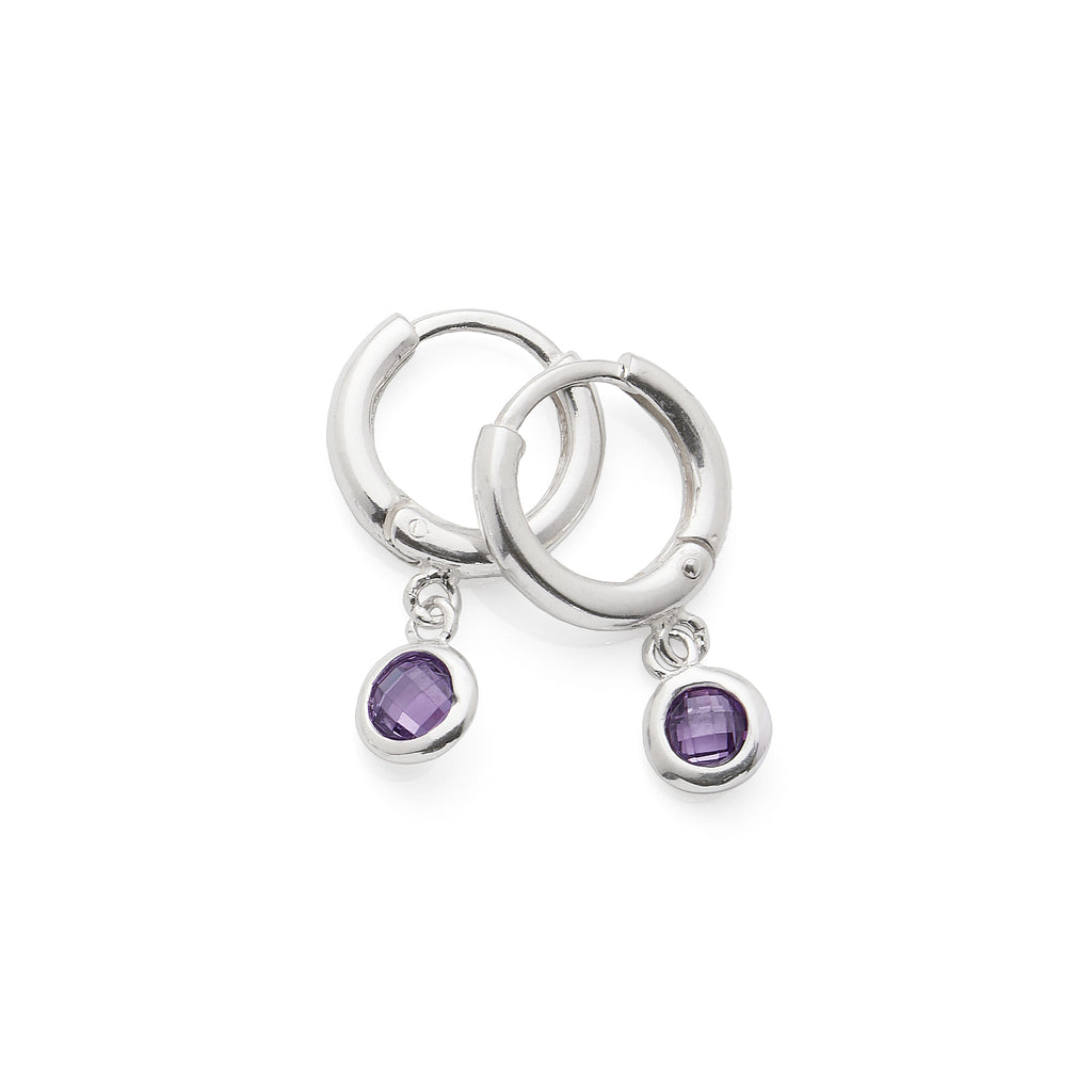 Sterling Silver Hanging Purple Cubic Zirconia Charm 8mm Hoop