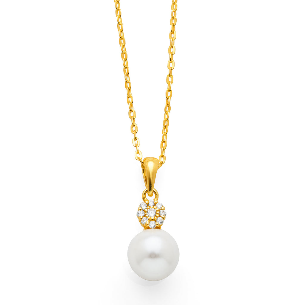 Gold Tone Sterling Silver Pearl & Cubic Zirconia Pendant