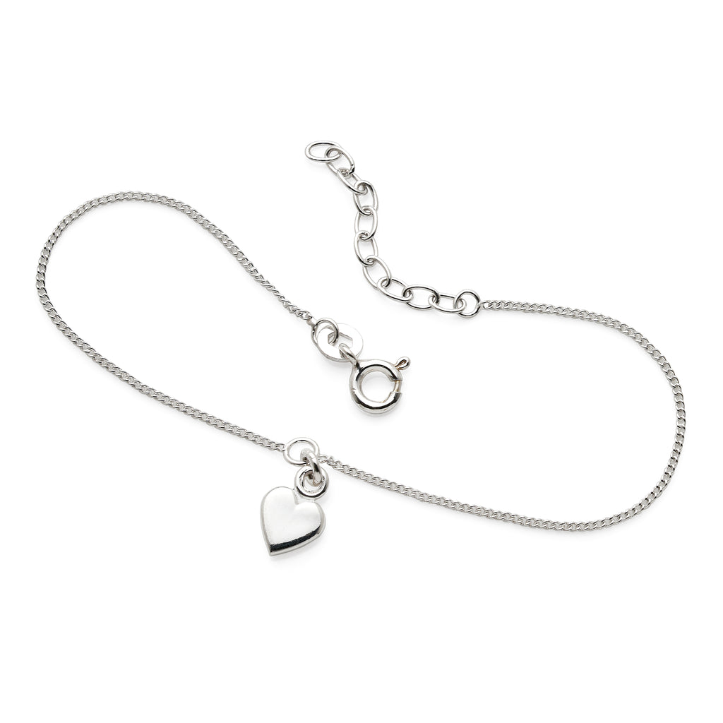 Sterling Silver Heart Charm Fine Curb Bracelet