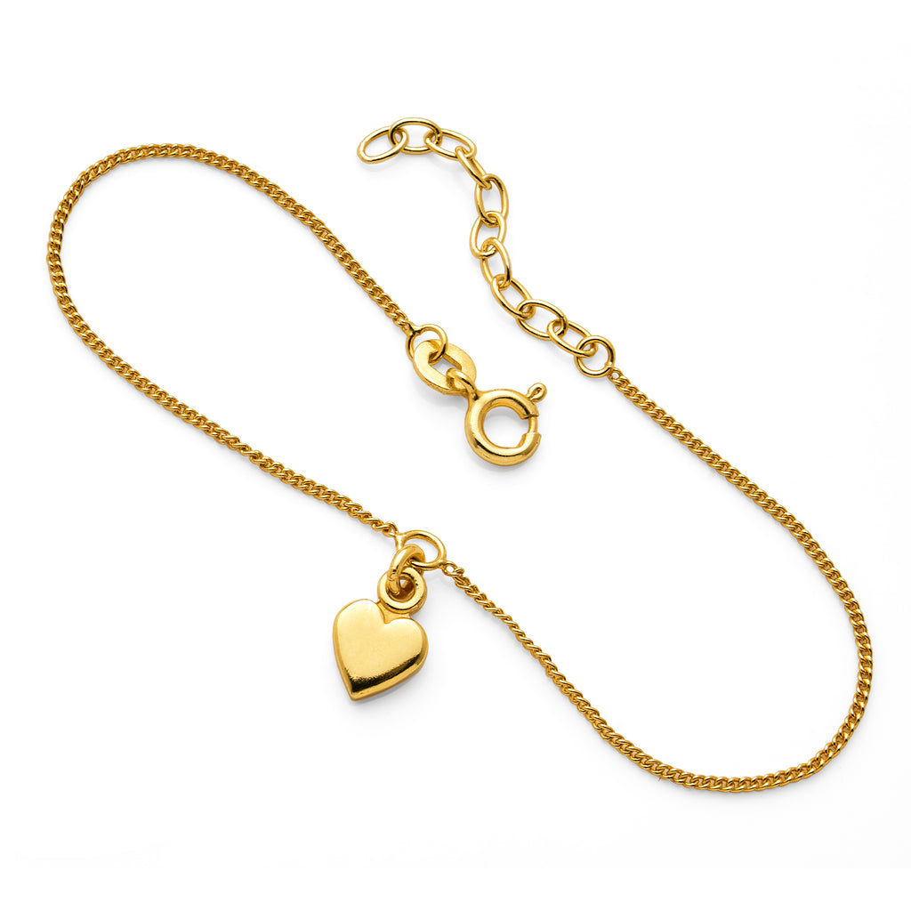 Gold Tone Sterling Silver Heart Charm Fine Curb Bracelet