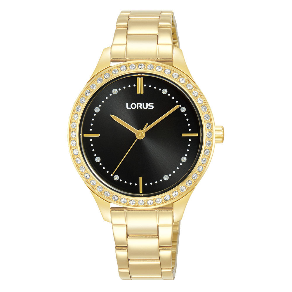 Lorus Gold-Tone Crystal Set Black Dial & Crystal Bezel Watch