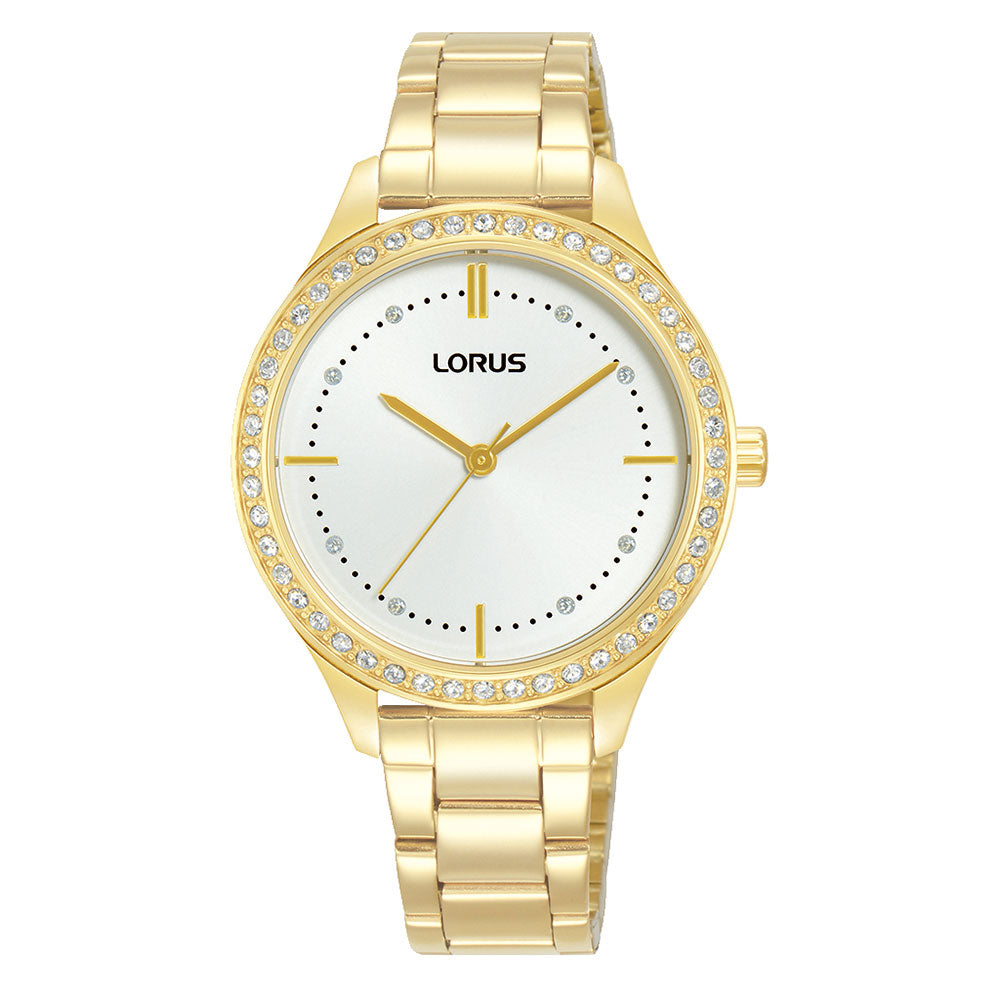 Lorus Gold-Tone Round White Dial & Crystal Set Watch RG225XX