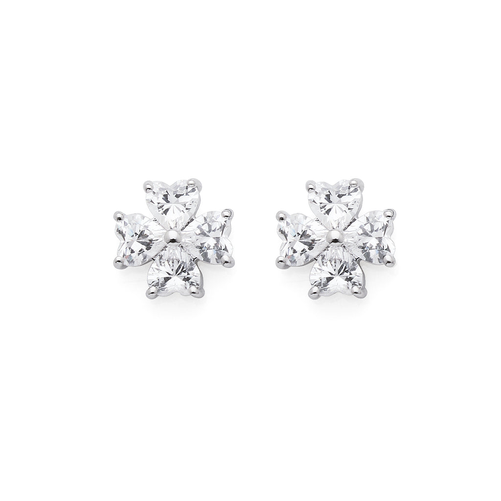 Sterling Silver Heart Shape Cubic Zirconia Flower Stud Earri