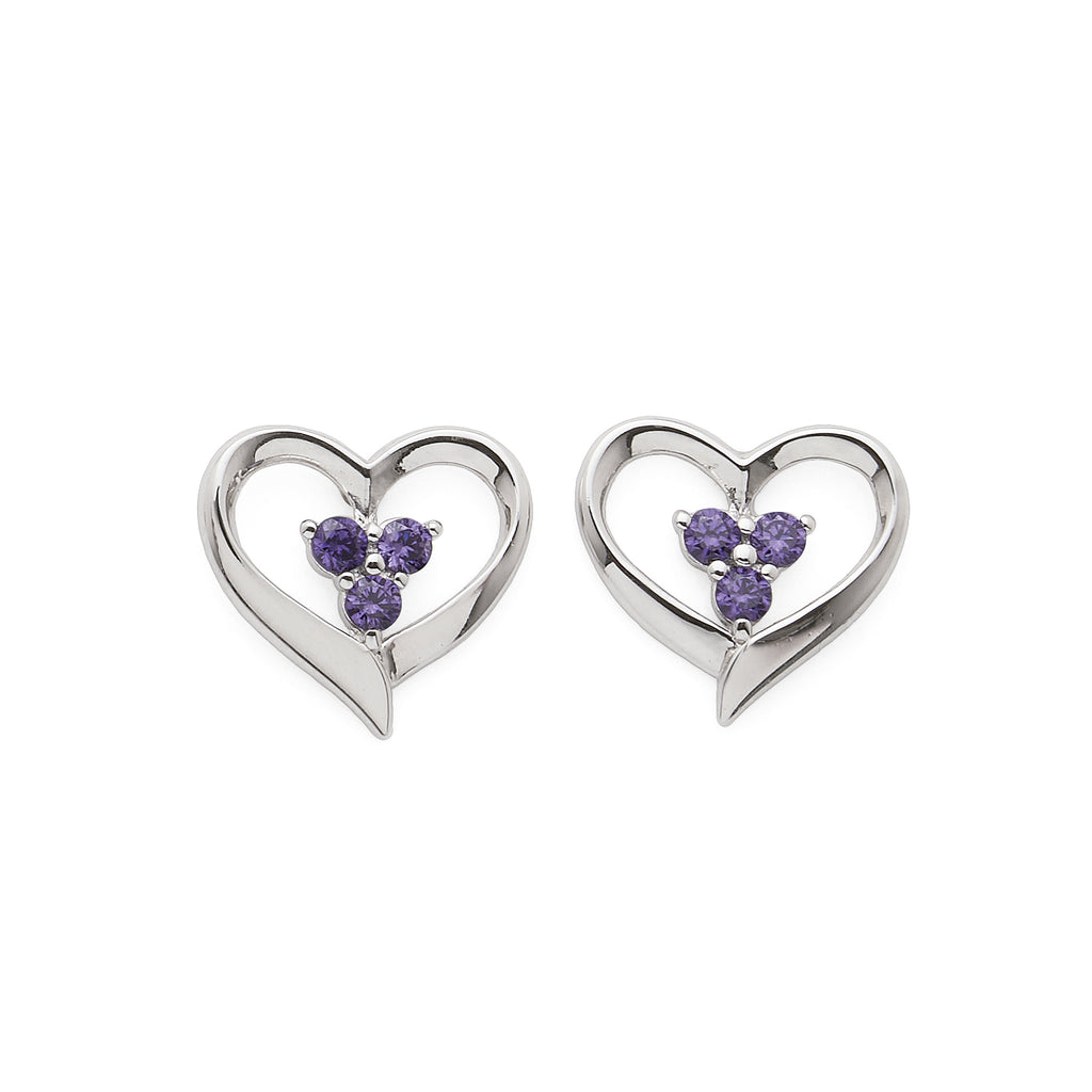 Sterling Silver Purple Cubic Zirconia Open Heart Stud Earrin