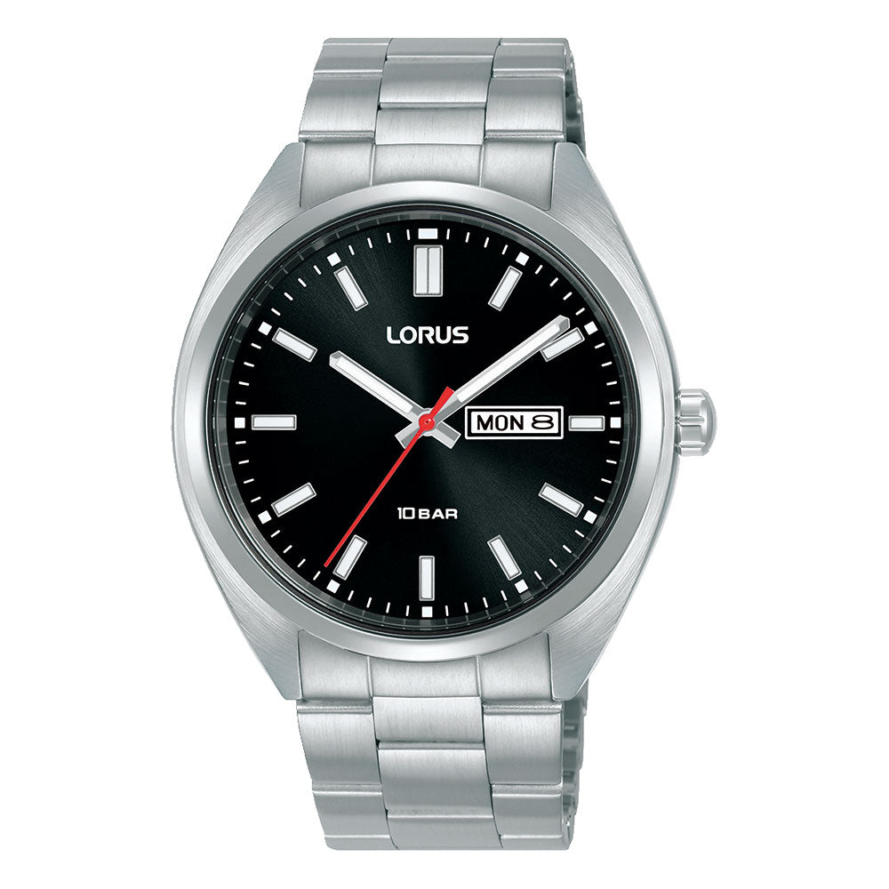 Lorus Stainless Steel Black Dial Day/Date Watch RH363AX-9