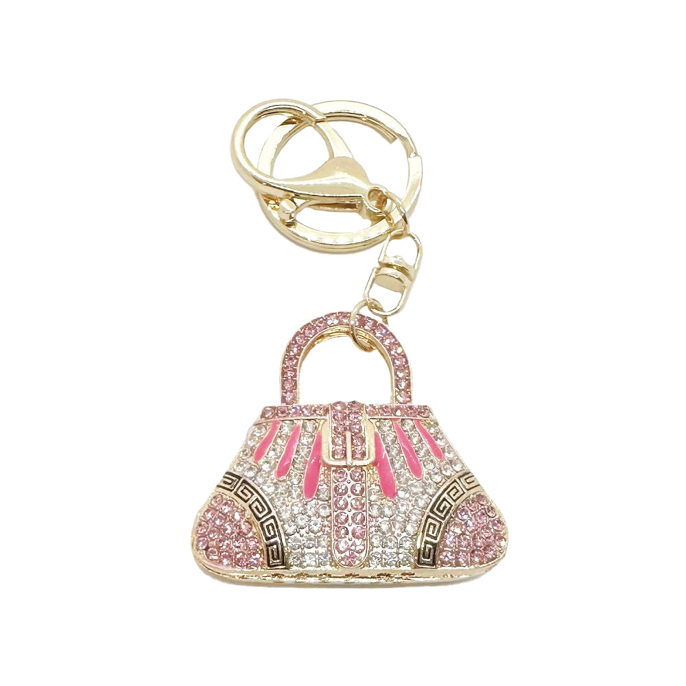 Gold Tone Pink Crystal Handbag Keyring