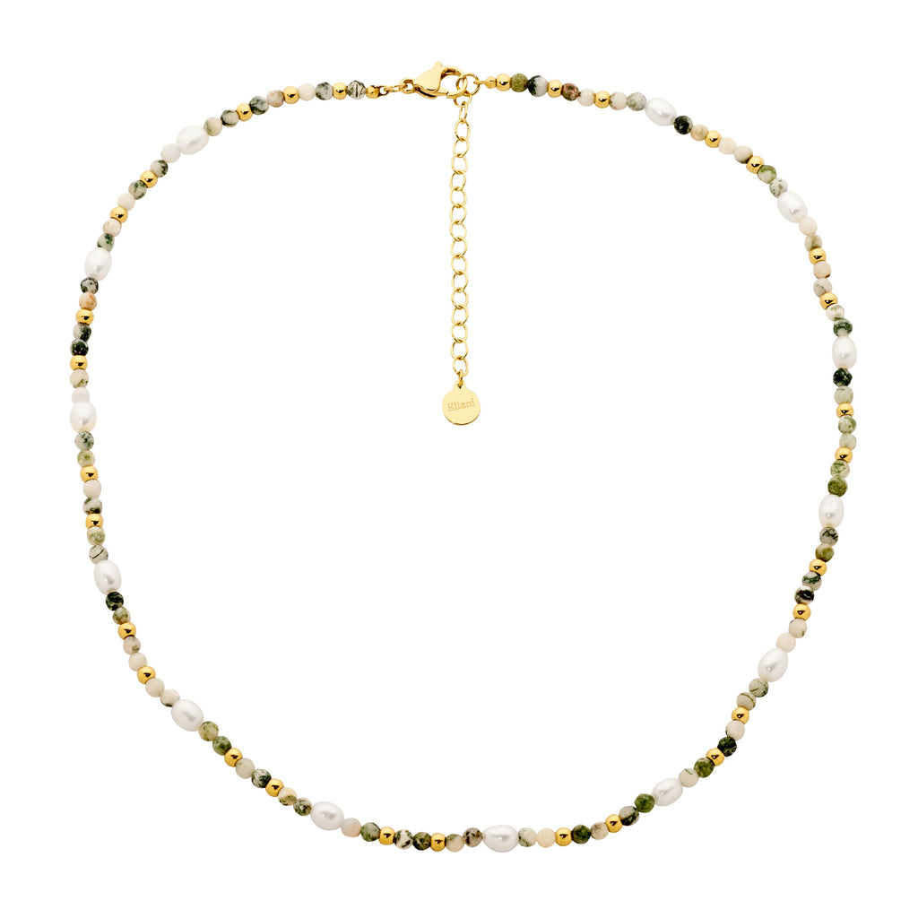 Ellani Gold Tone Alternating Tree Agate & Pearl Bead Necklet