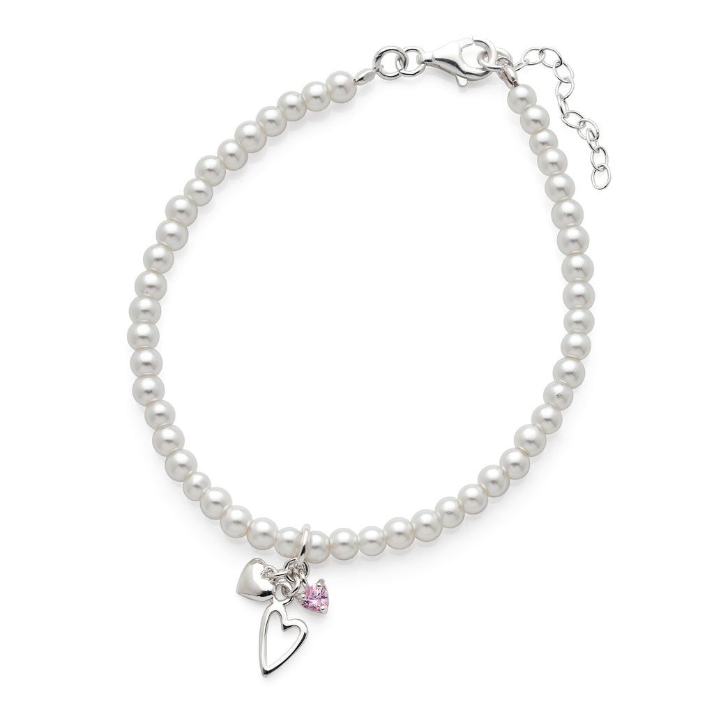 Sterling Silver Pearl & Pink Cubic Zirconia Heart Charm Brac