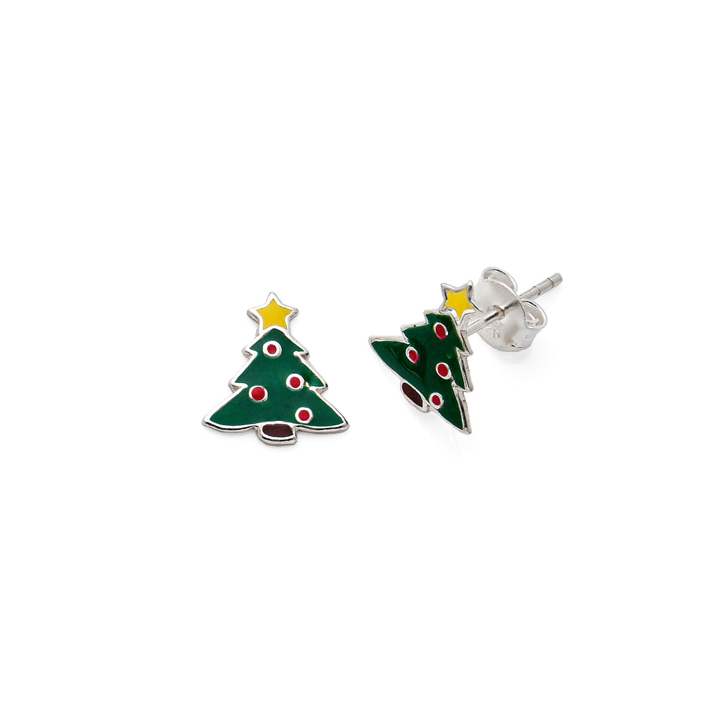 Sterling Silver Green Christmas Tree Stud Earrings